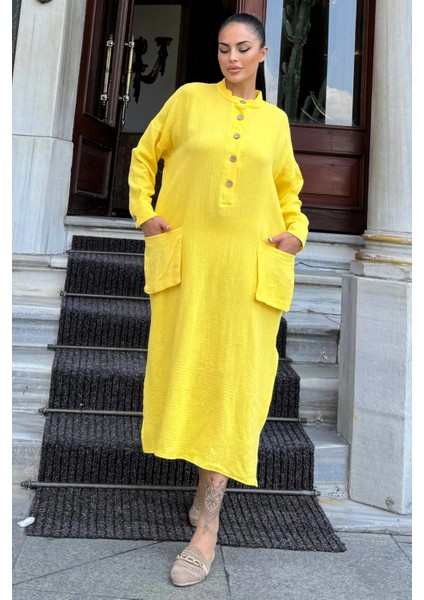 Kadın Sarı Oversize, Rahat Kesim, Cepli, Uzun Müslin Elbise