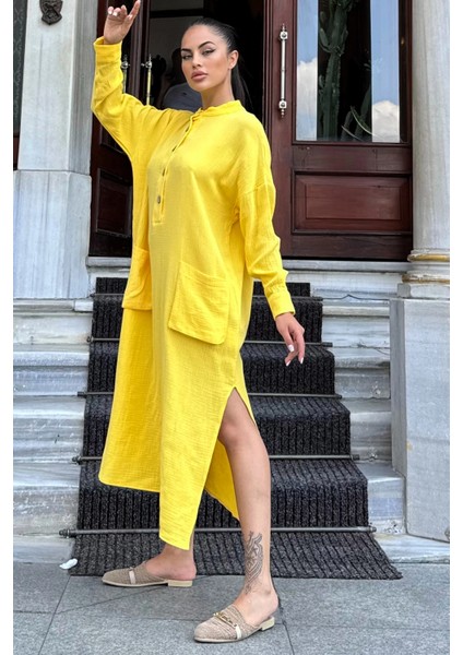 Kadın Sarı Oversize, Rahat Kesim, Cepli, Uzun Müslin Elbise