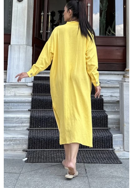 Kadın Sarı Oversize, Rahat Kesim, Cepli, Uzun Müslin Elbise