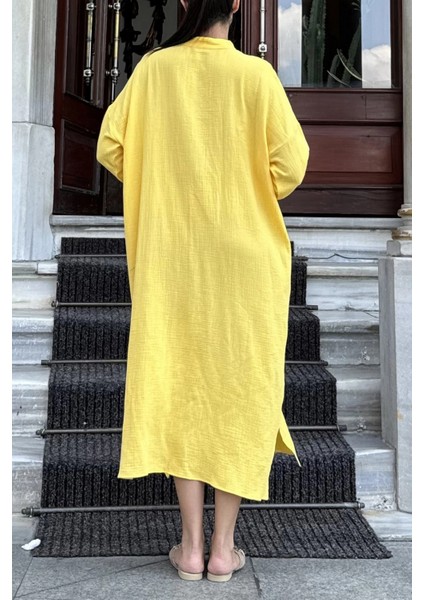 Kadın Sarı Oversize, Rahat Kesim, Cepli, Uzun Müslin Elbise