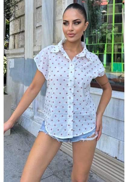 Kadın Gül Kurusu Nakış Işleme, Rahat Kesim, Kısa Kollu, Flamlı Keten Gömlek indirimleri