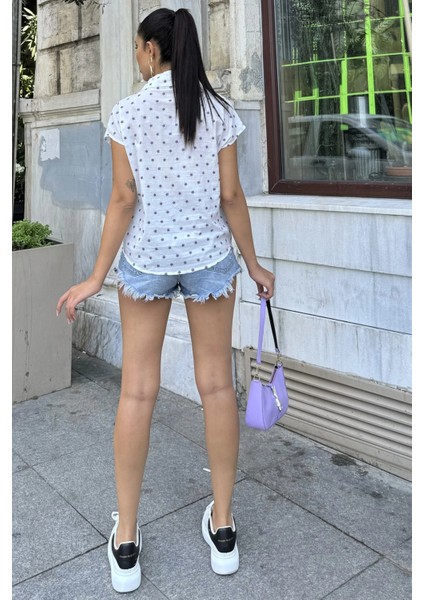 Kadın Mor Nakış Işleme, Rahat Kesim, Kısa Kollu, Flamlı Keten Gömlek modelleri