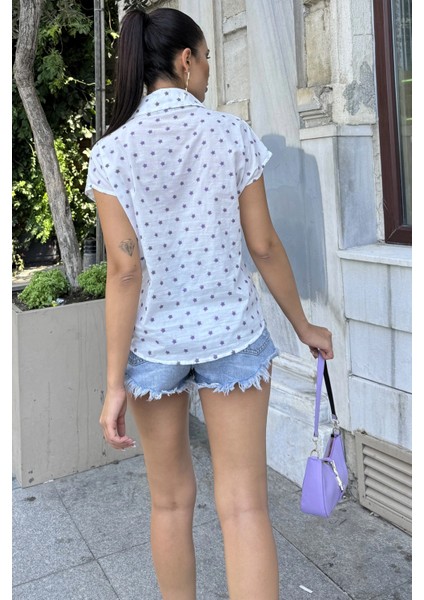 Kadın Mor Nakış Işleme, Rahat Kesim, Kısa Kollu, Flamlı Keten Gömlek fırsatları