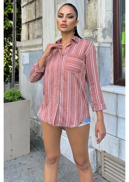 Kadın Gül Kurusu Çizgili Desenli, Uzun Kollu, Rahat Kesim, Dokulu Kumaş Gömlek