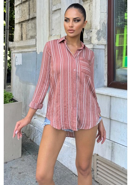 Kadın Gül Kurusu Çizgili Desenli, Uzun Kollu, Rahat Kesim, Dokulu Kumaş Gömlek fiyatları