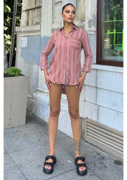 Kadın Gül Kurusu Çizgili Desenli, Uzun Kollu, Rahat Kesim, Dokulu Kumaş Gömlek modelleri