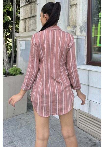 Kadın Gül Kurusu Çizgili Desenli, Uzun Kollu, Rahat Kesim, Dokulu Kumaş Gömlek indirimleri