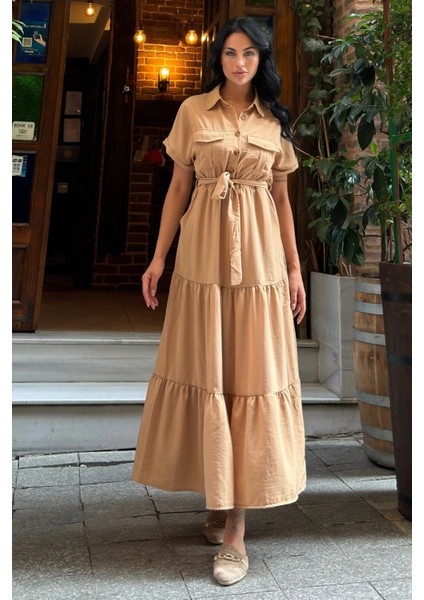 Camel Pliseli Cepli Maxi Kupra Elbise