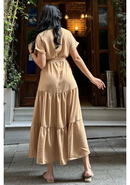 Camel Pliseli Cepli Maxi Kupra Elbise fiyatları