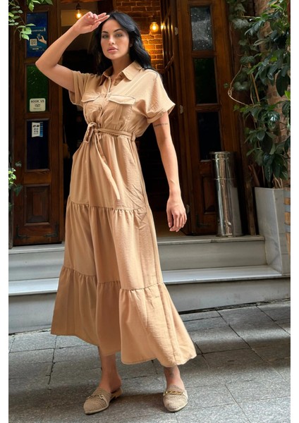 Camel Pliseli Cepli Maxi Kupra Elbise modelleri