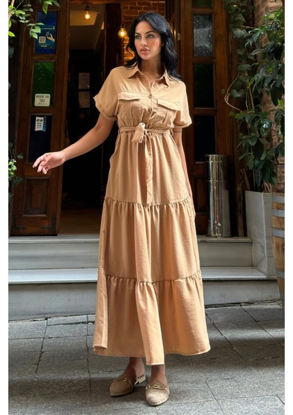 Camel Pliseli Cepli Maxi Kupra Elbise fırsatları