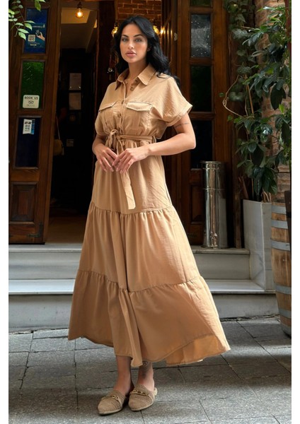Camel Pliseli Cepli Maxi Kupra Elbise indirimleri