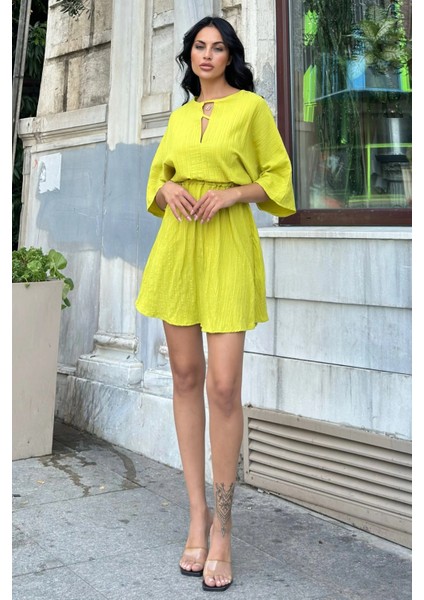 Yağ Yeşili Kloş Elbise Yaka Detaylı Lastikli fiyatları