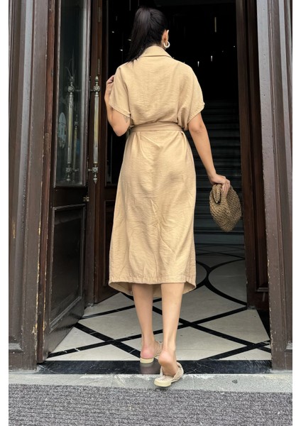 Kadın Bej Kruvaze Yaka, Kısa Kollu, Kemer Detaylı, Rahat Kesim, Midi Keten Elbise fiyatları