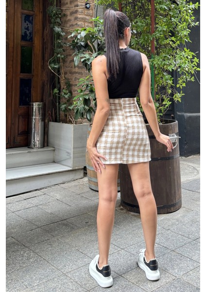 Vizon Kareli Yüksek Bel Mini Etek