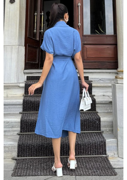 Kadın Indigo Kruvaze Yaka, Kısa Kollu, Kemer Detaylı, Rahat Kesim, Midi Keten Elbise modelleri