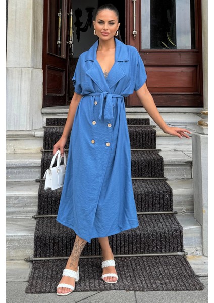 Kadın Indigo Kruvaze Yaka, Kısa Kollu, Kemer Detaylı, Rahat Kesim, Midi Keten Elbise fırsatları