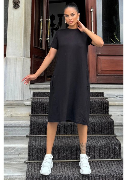 Kadın Siyah Yuvarlak Yaka, Kısa Kollu, Diz Boyu, Dökümlü A Kesim, Salaş Günlük Elbise fiyatları