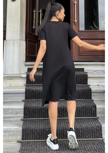 Kadın Siyah Yuvarlak Yaka, Kısa Kollu, Diz Boyu, Dökümlü A Kesim, Salaş Günlük Elbise modelleri