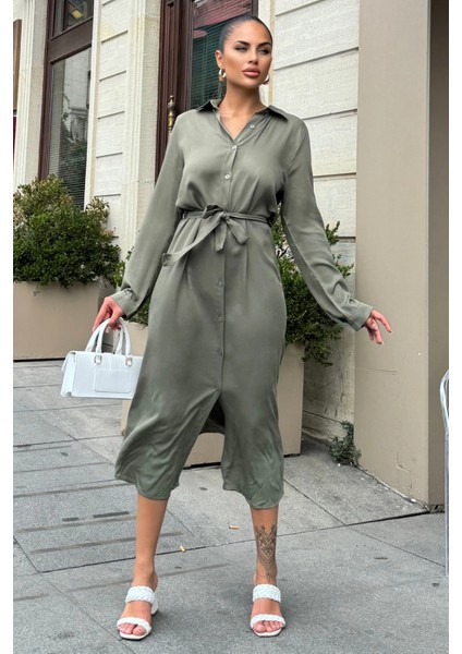 Haki Beli Kuşaklı Viskon Midi Gömlek Elbise fiyatları