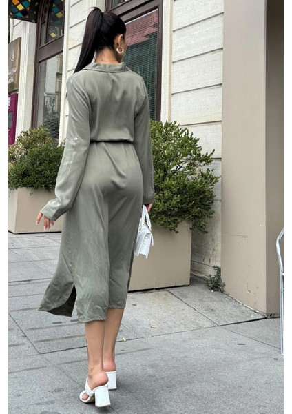 Haki Beli Kuşaklı Viskon Midi Gömlek Elbise modelleri