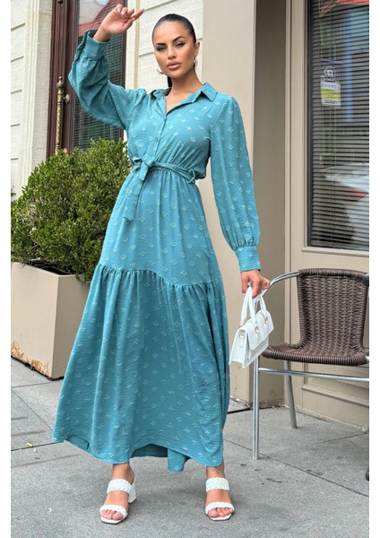 Petrol Mavi Dokulu Kumaş, Beli Kuşaklı, Balon Kol, A Kesim, Vintage Maksi Elbise - Tesettüre Uygun fiyatları