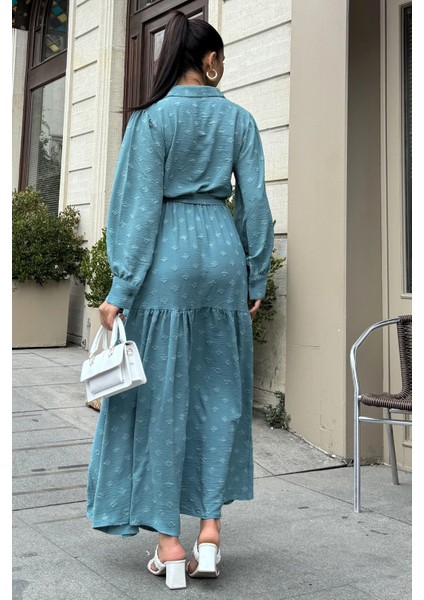 Petrol Mavi Dokulu Kumaş, Beli Kuşaklı, Balon Kol, A Kesim, Vintage Maksi Elbise - Tesettüre Uygun modelleri