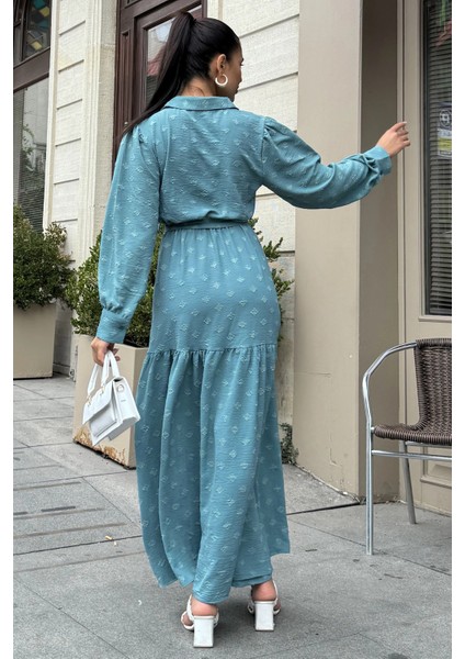 Petrol Mavi Dokulu Kumaş, Beli Kuşaklı, Balon Kol, A Kesim, Vintage Maksi Elbise - Tesettüre Uygun fırsatları