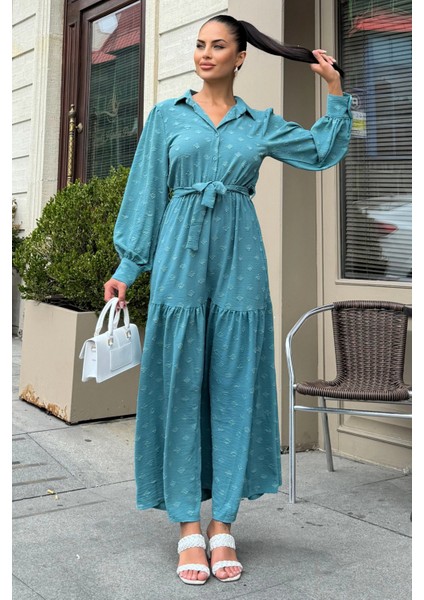 Petrol Mavi Dokulu Kumaş, Beli Kuşaklı, Balon Kol, A Kesim, Vintage Maksi Elbise - Tesettüre Uygun indirimleri