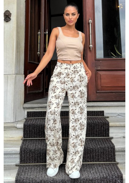 Kadın Kahve & Ekru Çiçek Desenli, Yüksek Bel, Geniş Paça, Rahat Kesim Pantolon