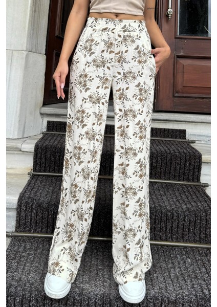 Kadın Kahve & Ekru Çiçek Desenli, Yüksek Bel, Geniş Paça, Rahat Kesim Pantolon fiyatları