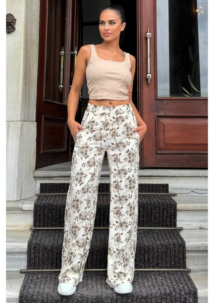 Kadın Kahve & Ekru Çiçek Desenli, Yüksek Bel, Geniş Paça, Rahat Kesim Pantolon fırsatları