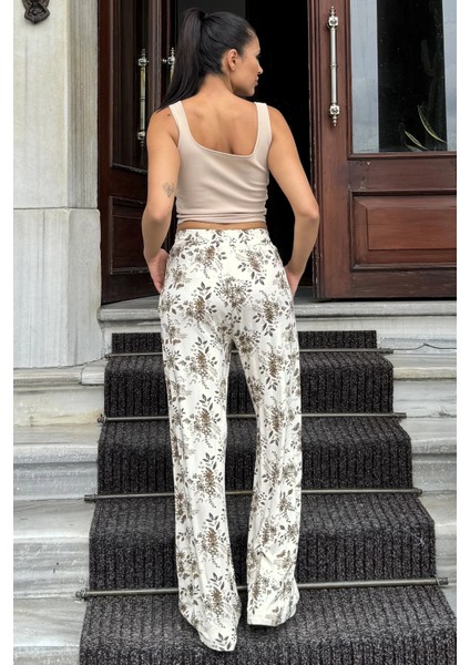 Kadın Kahve & Ekru Çiçek Desenli, Yüksek Bel, Geniş Paça, Rahat Kesim Pantolon indirimleri
