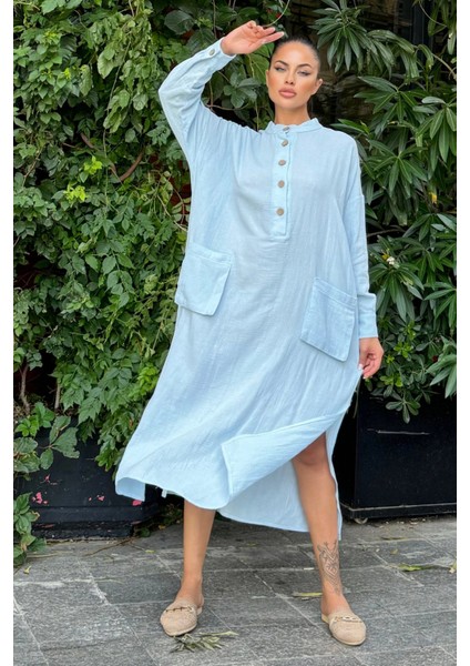 Kadın Bebe Mavi Oversize, Rahat Kesim, Cepli, Uzun Müslin Elbise