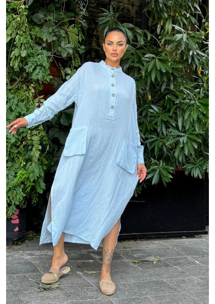 Kadın Bebe Mavi Oversize, Rahat Kesim, Cepli, Uzun Müslin Elbise fiyatları