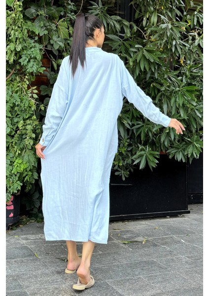 Kadın Bebe Mavi Oversize, Rahat Kesim, Cepli, Uzun Müslin Elbise modelleri