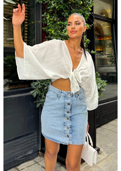 Mavi Yüksek Bel Düğmeli Cepli Mini Denim Etek
