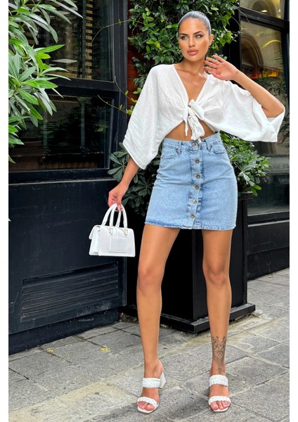 Mavi Yüksek Bel Düğmeli Cepli Mini Denim Etek