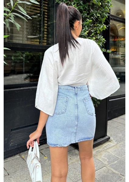 Mavi Yüksek Bel Düğmeli Cepli Mini Denim Etek