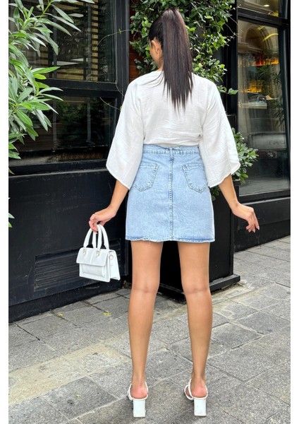 Mavi Yüksek Bel Düğmeli Cepli Mini Denim Etek