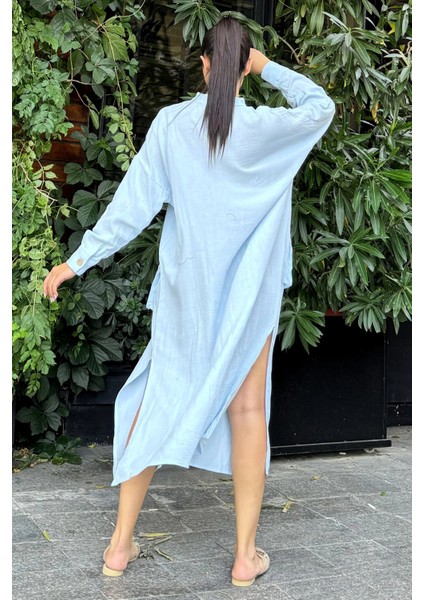 Kadın Bebe Mavi Oversize, Rahat Kesim, Cepli, Uzun Müslin Elbise fırsatları