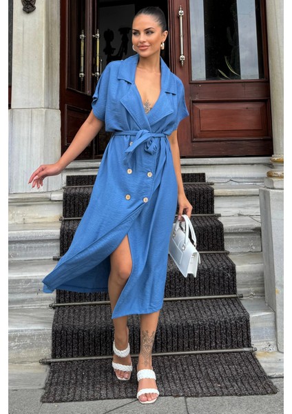 Kadın Indigo Kruvaze Yaka, Kısa Kollu, Kemer Detaylı, Rahat Kesim, Midi Keten Elbise