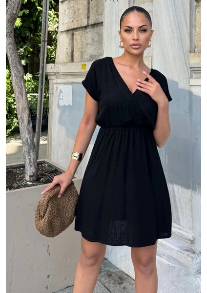 Kadın Siyah Sırt Dekolteli, Kruvaze Yaka, Beli Lastikli, Kısa Kollu, Rahat Midi Keten Elbise fiyatları