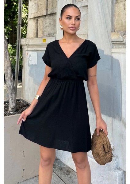 Kadın Siyah Sırt Dekolteli, Kruvaze Yaka, Beli Lastikli, Kısa Kollu, Rahat Midi Keten Elbise modelleri