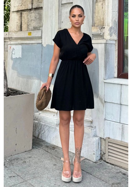 Kadın Siyah Sırt Dekolteli, Kruvaze Yaka, Beli Lastikli, Kısa Kollu, Rahat Midi Keten Elbise fırsatları