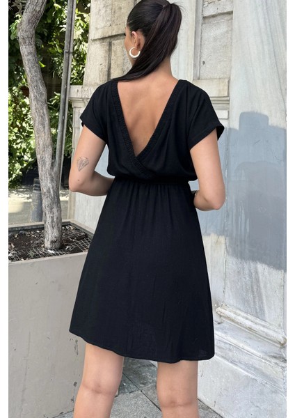 Kadın Siyah Sırt Dekolteli, Kruvaze Yaka, Beli Lastikli, Kısa Kollu, Rahat Midi Keten Elbise indirimleri