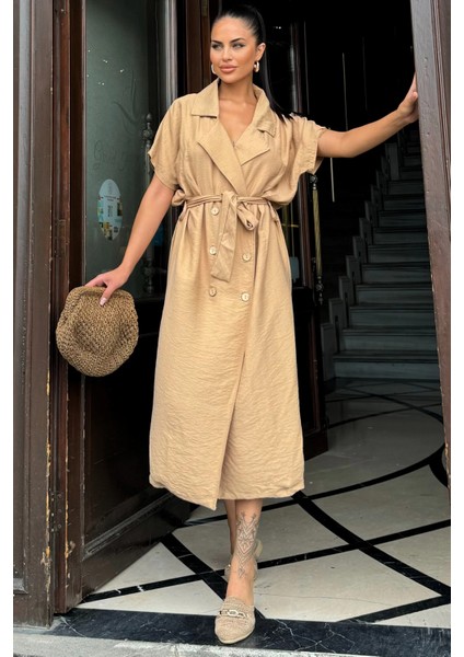 Kadın Bej Kruvaze Yaka, Kısa Kollu, Kemer Detaylı, Rahat Kesim, Midi Keten Elbise