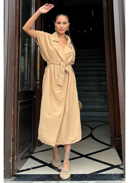 Kadın Bej Kruvaze Yaka, Kısa Kollu, Kemer Detaylı, Rahat Kesim, Midi Keten Elbise modelleri