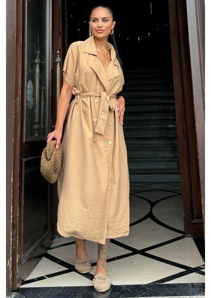 Kadın Bej Kruvaze Yaka, Kısa Kollu, Kemer Detaylı, Rahat Kesim, Midi Keten Elbise fırsatları