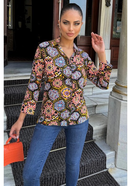 Kadın Multi Color Klasik Yaka, Uzun Kol, Digital Baskılı Kumaş, Regular Kalıp/kesim, Gömlek